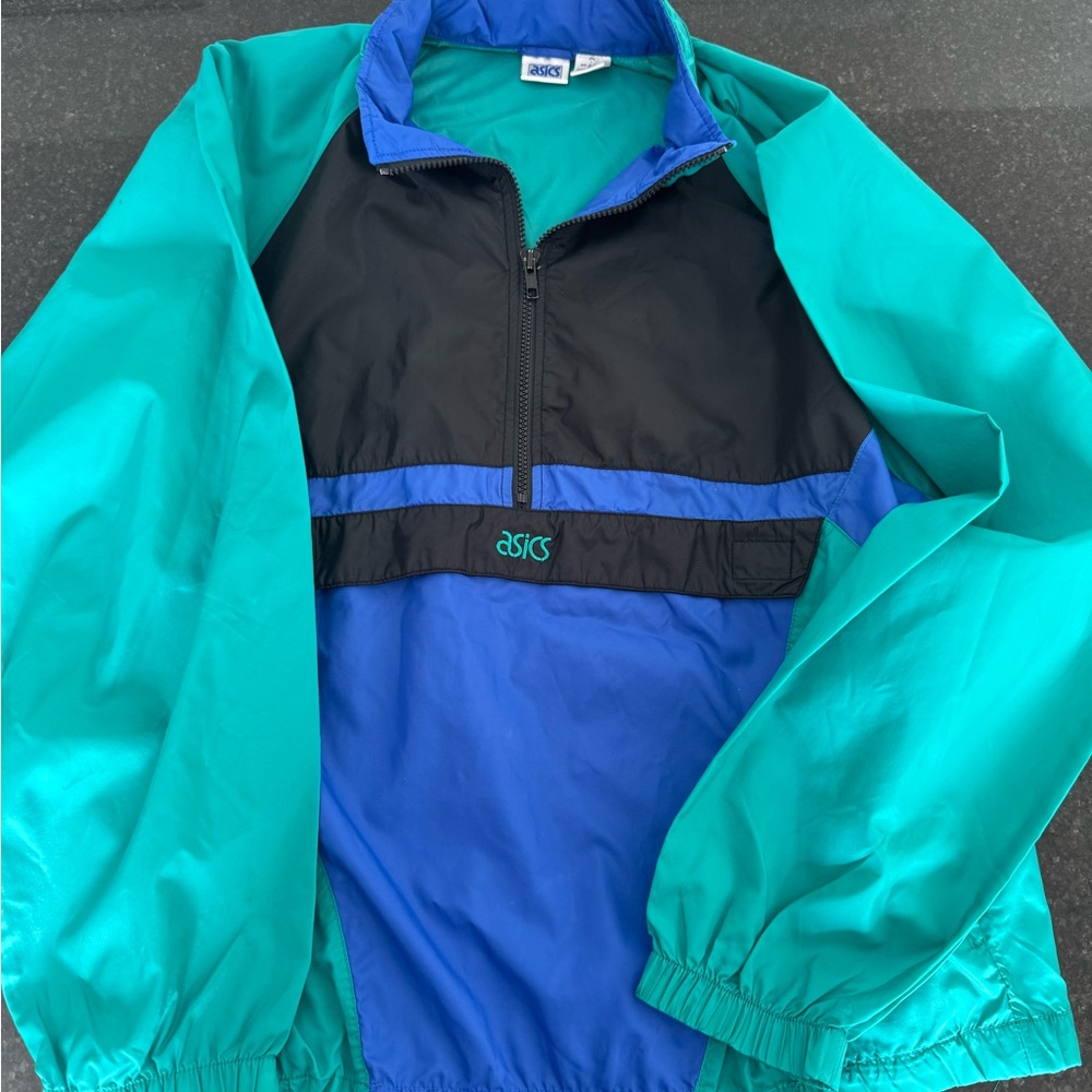 Vintage ASICS  Blue and Green quarter zip pullover.